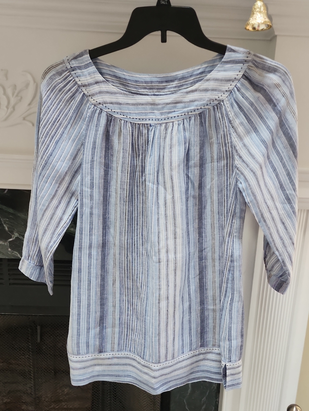 Lands' End 3/4 Sleeve Blue and White Striped Linen Peasant Blouse Top Sz XS